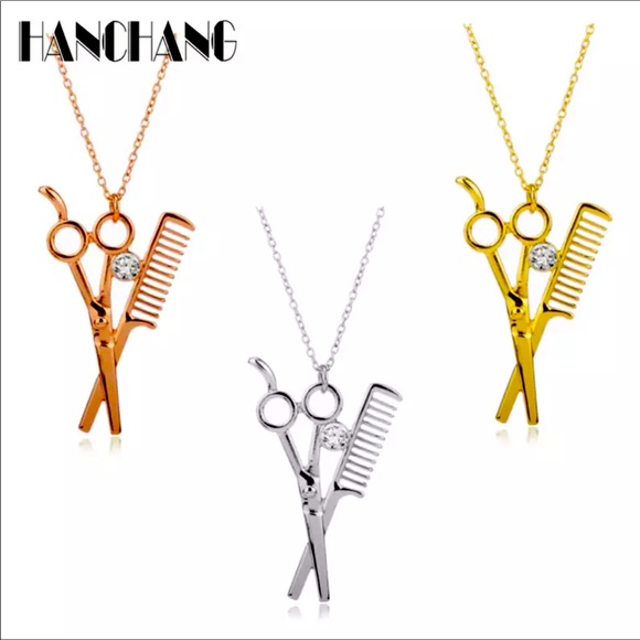 New Hairdresser Rhinestone Scissors Comb Necklace - Picture 2 of 5